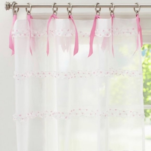 Pottery Barn Dot Ruffle Sheer White Pink Single Curtain Panel - Picture 3 of 3